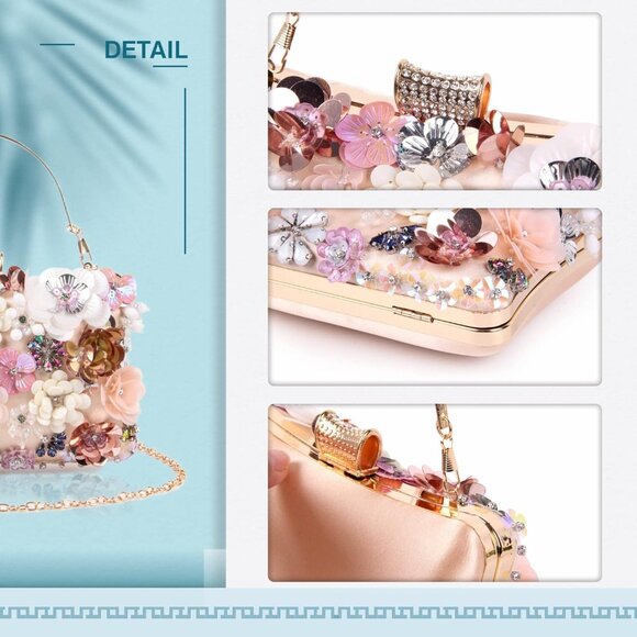 Women's Lanpet Flower Clutches Evening Shoulder Chain Strap Wristlet Pink Bag - Picture 5 of 6